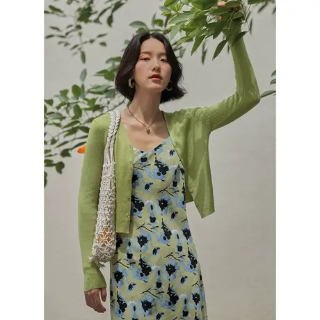 弥古绿色v领早秋针织衫女春秋黑色外搭开衫外套外穿罩衫短款上衣商品大图