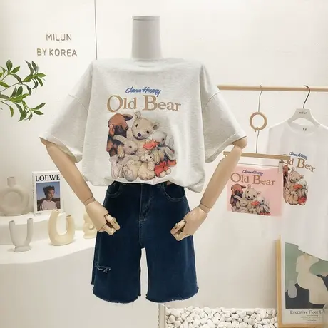 ins复古玩具熊短袖上衣2022夏季新款韩国东大门小众设计感T恤大码商品大图