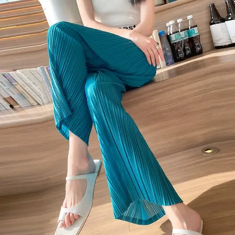 风琴褶皱裤子女夏季薄款冰丝阔腿裤女高腰显瘦直筒宽松九分休闲裤商品大图