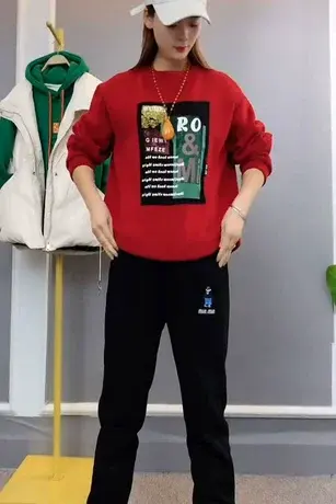 2023冬装新款圆领百搭印花加绒卫衣女加绒加厚卫裤两件套洋气减龄图片