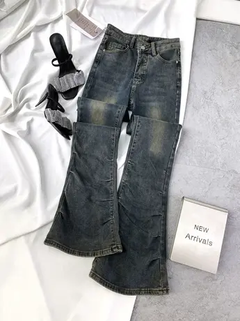 复古磨白褶皱薄绒牛仔喇叭裤2023冬季新款显瘦百搭高腰弹力包臀裤商品大图