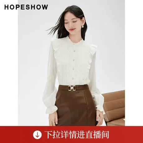 【直播专享】秋季蕾丝拼接荷叶边单排扣立领衬衫90123310301红袖图片