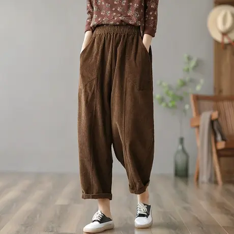 dza 高腰灯芯绒裤子女士春秋休闲九分裤新款百搭直筒裤宽松阔腿裤图片