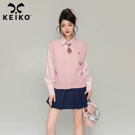 KEIKO韩系慵懒风粉色v领针织马甲背心2023秋季甜美软糯系开衫毛衣商品大图