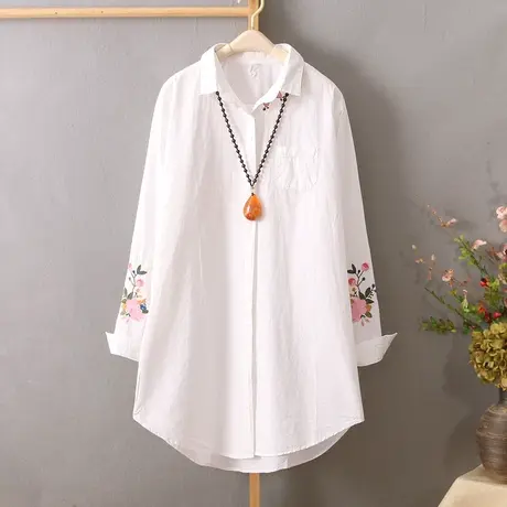 衬衫女长袖宽松韩版中长款纯棉精美刺绣白衬衣女打底衫春秋上衣女商品大图