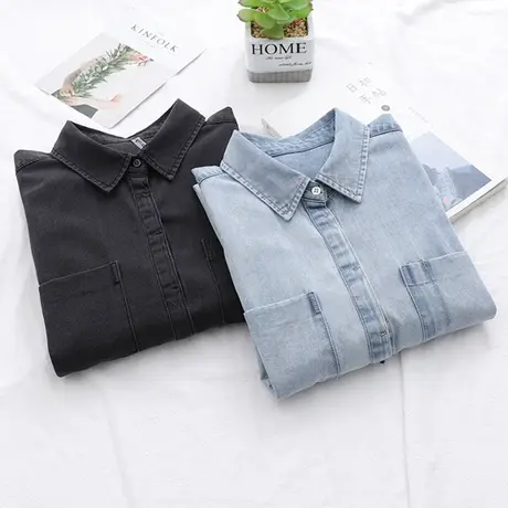 2019春装新款韩版百搭显瘦复古牛仔衬衫女学生双口袋简约打底衬衣图片