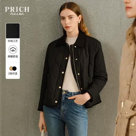 PRICH2023冬新款灯芯绒翻领菱格修身保暖简约短款通勤休闲棉服女商品大图