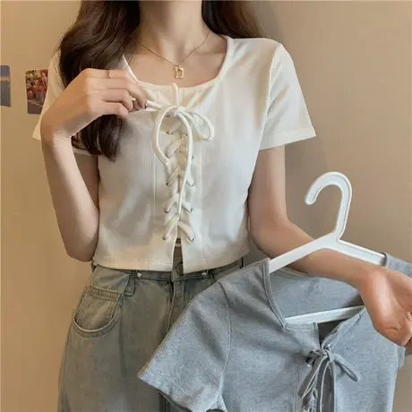 韩版修身显瘦方领法式短款上衣女设计感夏天辣妹bm风白色短袖t恤商品大图