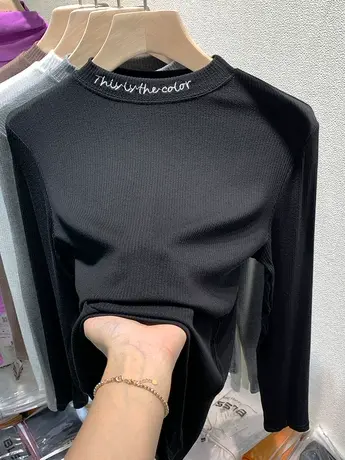 欧货半高领打底衫女内搭2023春秋新款洋气刺绣上衣螺纹长袖t恤女图片