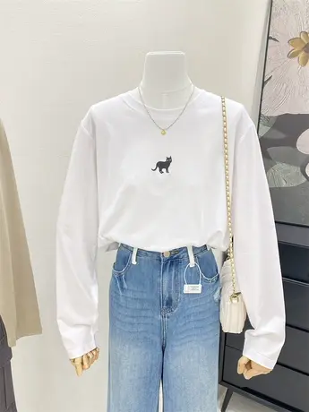 长袖t恤女2023年春秋新款简约小众猫咪图案宽松纯棉白色打底上衣商品大图