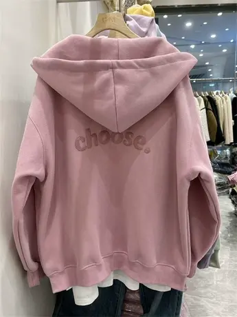 粉色卫衣外套女2023春季新款休闲宽松字母刺绣oversize连帽开衫潮商品大图
