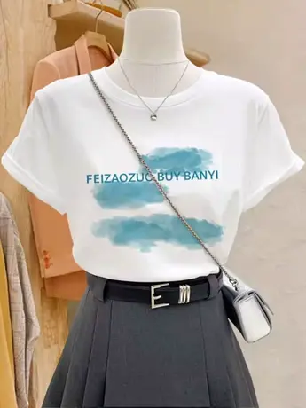 美式复古白色仿棉短袖t恤女夏季2023新款时尚洋气时髦打底上衣服商品大图