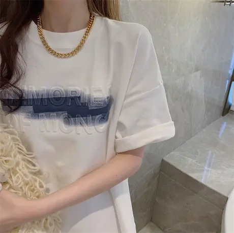 ins2021新款中长款韩版上衣女学生短袖chic洋气宽松纯棉t恤女夏季图片