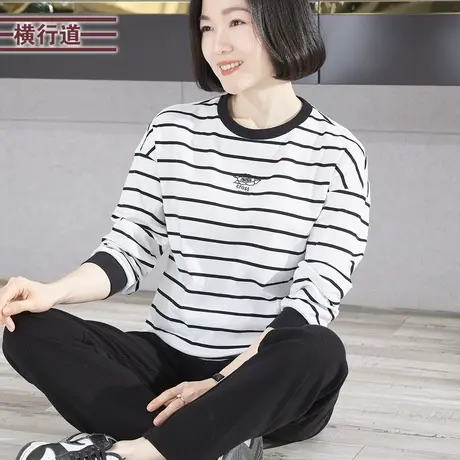 2023新款冬装圆领绣花条纹宽松长袖T恤女装棉质大码妈妈打底上衣商品大图