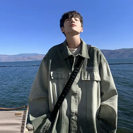 美式复古渐变牛仔外套男春秋潮牌高街工装夹克设计感宽松休闲上衣商品大图