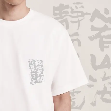 后序王阳明【此心光明】新中式国风书法印花休闲短袖个性白T恤男图片