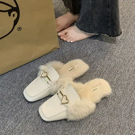 加绒毛毛拖鞋女ins潮2023年秋新款包头穆勒鞋子外穿平底时尚棉拖商品大图