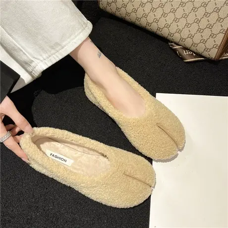 白色羊羔毛毛鞋女秋冬外穿加绒保暖孕妇一脚蹬低跟平底豆豆棉瓢鞋商品大图