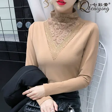 德绒发热保暖内衣女加绒加厚冬季外穿双面磨毛蕾丝上衣高领打底衫图片