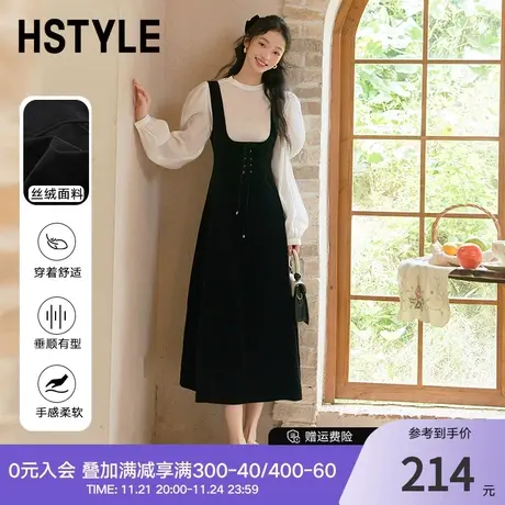 韩都衣舍2024年春季新款法式绑带小黑裙丝绒背带连衣裙女长裙图片