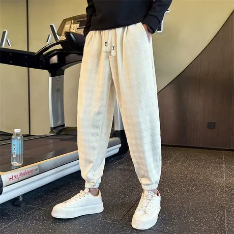 休闲裤男冬季2023新款宽松束脚拼接格子哈伦裤冬款加绒加厚运动裤商品大图