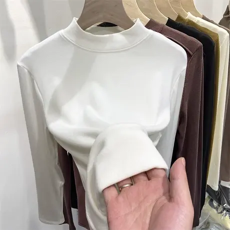 半高领加绒打底衫2023新款保暖上衣ins潮纯色慵懒风秋冬修身内搭商品大图