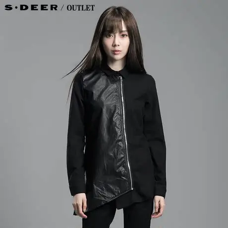 【清仓】sdeer圣迪奥女皮质拼接设计长袖衬衫S14380539图片