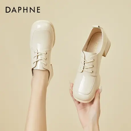 达芙妮单鞋女复古2022春季新款系带方头粗跟日系小皮鞋女英伦风图片