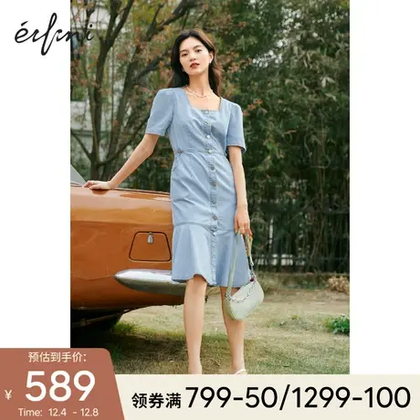 伊芙丽荷叶边牛仔连衣裙2021新款夏炸街气质裙子女法式温柔风长裙图片