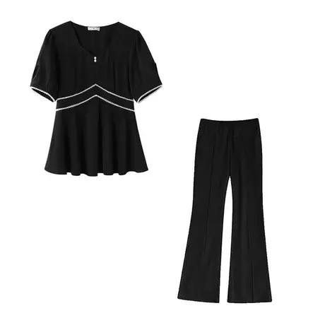 伊自尚显瘦V领T恤黑色套装大码女装2023年夏季新款胖mm时尚减龄图片