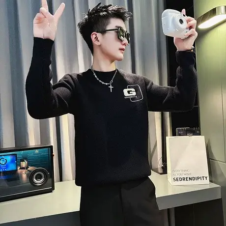 圆领毛衣男秋冬2023新款潮牌冬装加绒加厚内搭时尚打底针织衫线衣图片