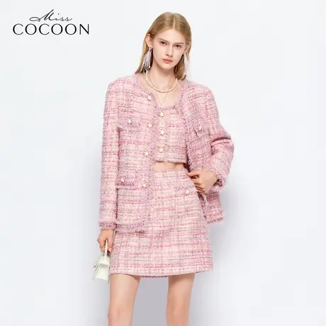 可可尼COCOON夏季新款粉色粗花呢上衣法式洋气千金小香风外套套装商品大图