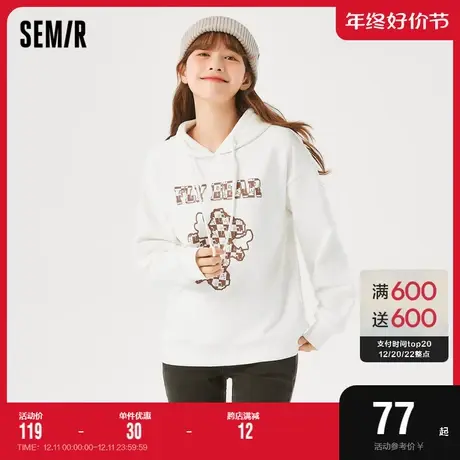 森马卫衣女连帽加绒加厚趣味冬季新款宽松棋盘格小熊潮牌黑色上衣图片