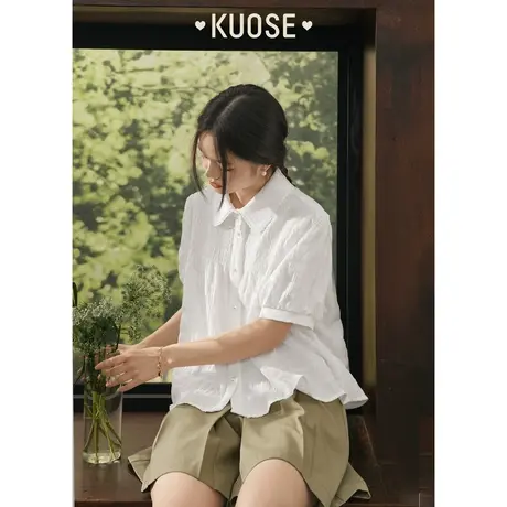 阔色正肩短袖薄款衬衫女2023夏季新款泡泡袖褶皱少女衬衣白色上衣图片