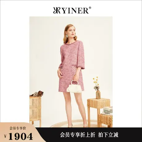 YINER音儿女装冬季小香风粗花呢七分袖连衣裙图片