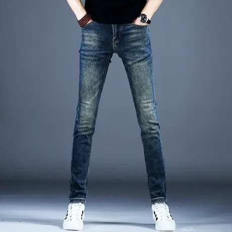 2023男士冬季牛仔裤子经典蓝色修身精致刺绣小脚裤男潮牌美式休闲商品大图