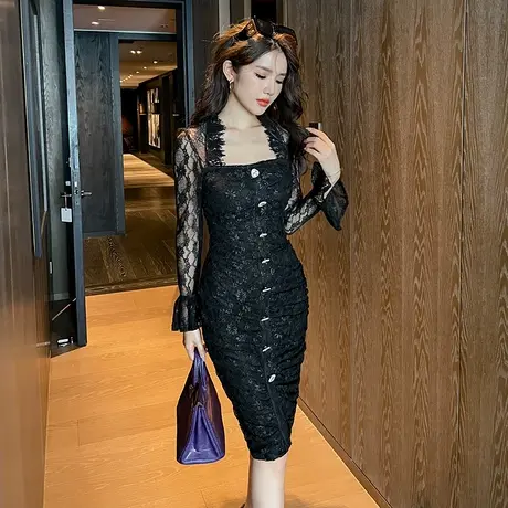 性感名媛风蕾丝晚礼服秋季新款时髦高级感气质修身显瘦包臀连衣裙商品大图