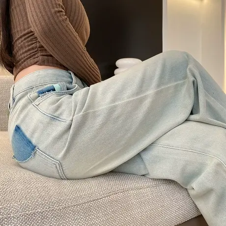 复古浅色高腰阔腿牛仔裤女春秋2024新款设计感撞色宽松窄版直筒裤商品大图