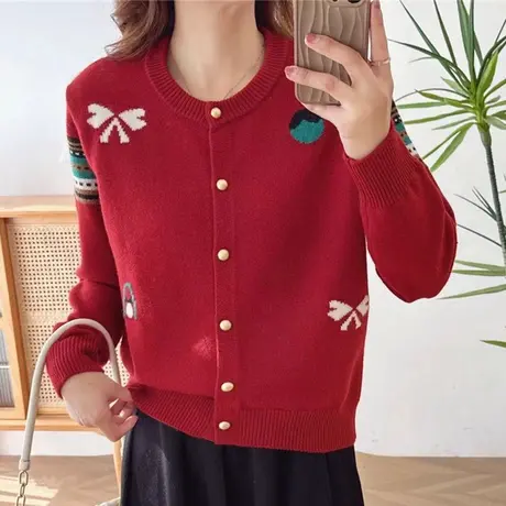 本命年红色毛衣女2024春装新款圆领针织开衫减龄洋气百搭外套上衣图片