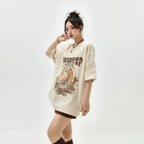 YEP复古印花短袖t恤女夏季2024年新款潮牌情侣装半袖宽松纯棉上衣图片