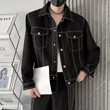 外套男春季新款明线设计感百搭翻领褂子潮流复古简约小众机车夹克商品大图