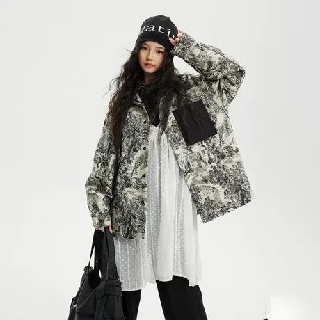 国潮复古新中式外套女春秋2024新款设计感印花夹克oversize上衣图片