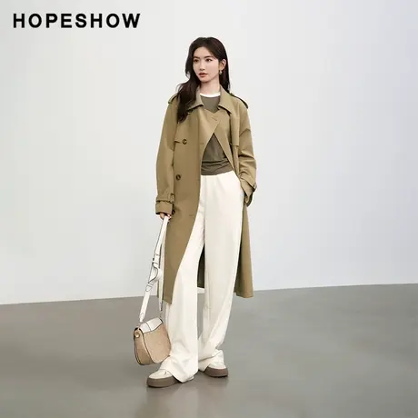 红袖经典款H型翻领长款风衣hopeshow2024春季新款落肩双排扣外套商品大图