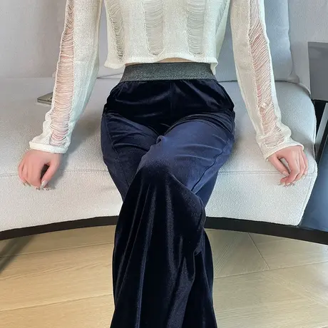 金丝绒阔腿裤女2024春秋新款宽松高腰垂坠感显瘦直筒蓝色丝绒长裤图片