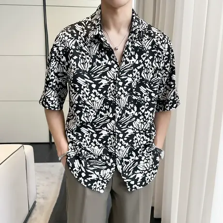高级感个性碎花衬衫短袖男夏季新款潮流垂感ins轻熟半袖衬衣休闲商品大图