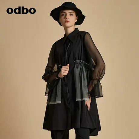 odbo/欧迪比欧原创设计时尚网纱拼接抽褶衬衫女秋季2023新款上衣商品大图