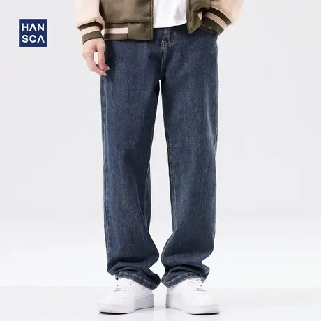 hansca秋季新款阔腿宽松牛仔裤男直筒青少年复古水洗弹力休闲长裤商品大图