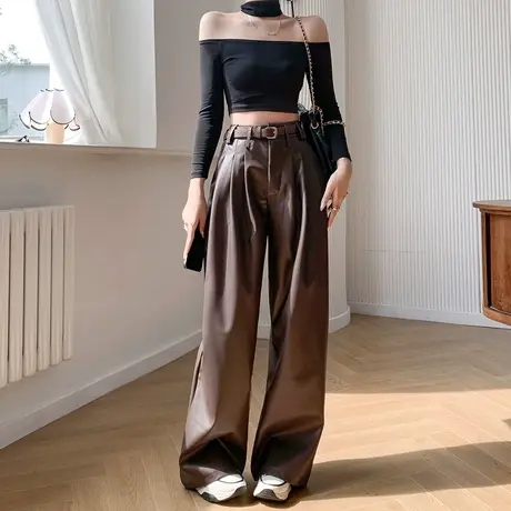 皮裤女棕色2024高腰美式复古直筒显瘦休闲裤PU皮宽松阔腿拖地长裤图片