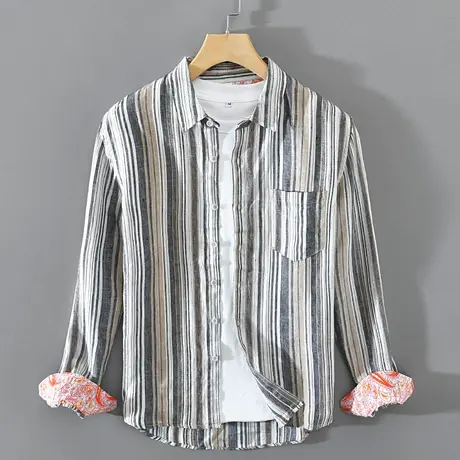 纯亚麻休闲条纹衬衫男灰色衬衣男士外穿春秋款长袖外套宽松外搭潮商品大图