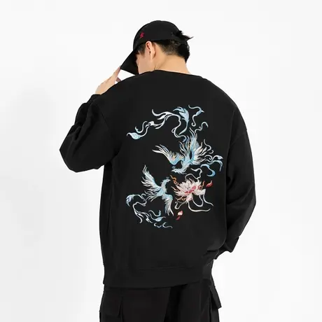 男生刺绣圆领卫衣加绒加厚中国风套头国潮纯棉宽松凤凰绣花上衣服商品大图